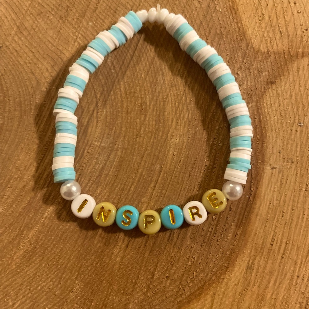 Handmade clay beaded motivational bracelet for teens.